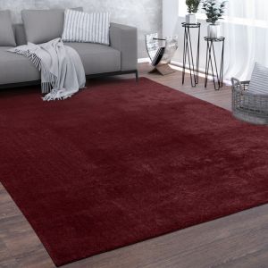 Paco Home Tapis De Salon Poils Ras Lavable Monochrome Style Moderne Rouge 120 cm rond