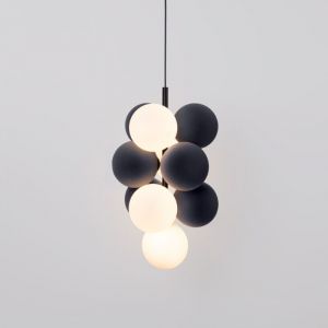 Barcelona led Suspension acoustique verticale "DRAC" - 4 globes lumineux et 6 globes absorbants