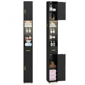 COSTWAY Meuble Colonne de Salle de Bain - LED 3 Couleurs, 2 Placards &agrave; Porte, 1 Tiroir, 3 &Eacute;tag&egrave;res en Verre Tremp&eacute; R&eacute;glables Noir