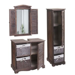 D&eacute;coshop26 Ensemble de meuble de salle de bain meuble lavabo miroir mural et armoire de rangement en bois marron vieilli 04_0006704