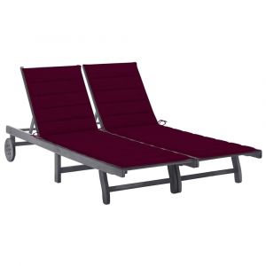Transat chaise longue bain de soleil lit de jardin terrasse meuble d'extérieur 2 places avec coussin gris acacia 02_0012231