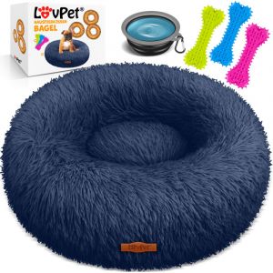Lovpet Panier pour chien et chat - Lavable - Avec gamelle + 3 os &agrave; m&acirc;cher - Coussin rond en peluche - Pour chiens de petite, moyenne et grande taille - 4XL - Diam&egrave;tre : 120 cm - Bleu marine