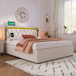Lit coffre - MODERNLUXE - 160x200cm - LED - USB - Sommier à lattes - Tissu coton - Beige