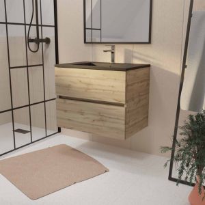 Aurlane Meuble de salle de bains suspendu 70 cm timber - D&eacute;cor Ch&ecirc;ne Naturel 2 tiroirs avec Vasque noire