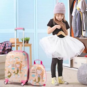Valise Enfant 18" et Sac à Dos 12",Bagage à Main Rose en Dessin Sirène avec 4 Roulettes et Poignée Réglable pour Filles