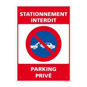 Panneau de signalisation prépercé PVC ou ALU rectangulaire + kit de fixation - Stationnement interdit, parking privé - ALU 2 mm - 150 x 210 mm
