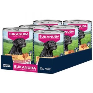 Eukanuba Life Care Aliment Humide Chien Senior 7 Ans + Toutes Races, Pâtée Riche en Poulet, Dinde & Carottes, Oméga-3, L-Carnitine, Prébiotiques, sans OGM Colorants Conservateurs, 6 boîtes de 400g