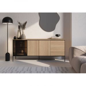 Bobochic Buffet 3 portes 2 tiroirs 200 cm verona effet chêne et verre fumé avec leds
