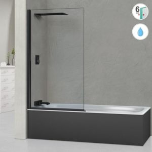 Pare Baignoire fixe + pivotant droit en verre sécurité transparent ép 6mm anti calcaire, L85H147 cm, profilé noir Superban Alsace Sport