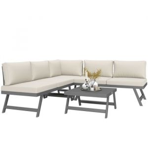 Outsunny Ensemble salon de jardin modulable 5 personnes 4 pi&egrave;ces design alu gris coussins beige