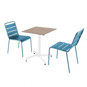 Oviala Ensemble table de jardin stratifié chêne et 2 chaises bleu pacific