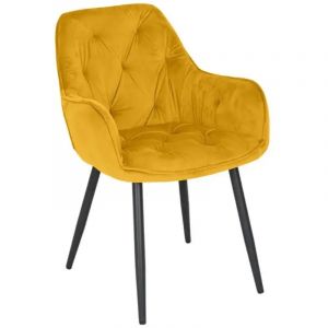 Chaise capitonn&eacute;e en velours jaune et pieds en m&eacute;tal noir - STERN 2