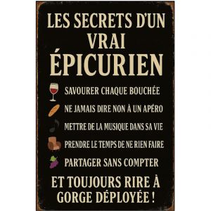 Plaque en m&eacute;tal les secrets d'un vrai &eacute;picurien &ndash; 30,5 x 20 cm