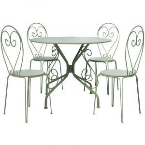 Salle &agrave; manger de jardin en m&eacute;tal fa&ccedil;on fer forg&eacute; : une table D.120cm et 4 chaises empilables - Vert amande - GUERMANTES de MYLIA