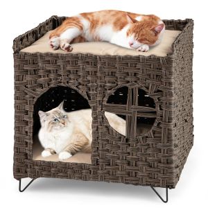 Maison pour chat Coast en PE-Rattan - pliable - 2 niveaux - coussin amovible - 50.5 x 45 x 50 cm