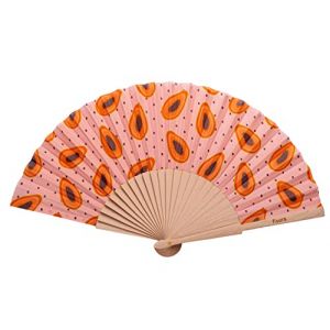 Fisura Éventail original rose avec motifs de papayes. Éventail en bois moderne et amusant. Éventail rose et orange. Dimensions : 42,5 x 23. Matériau : Bois et textile.