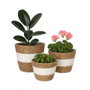 Relaxdays Pot de fleurs, lot de 3, en roseau, pots doubl&eacute;s, 3 tailles, style boh&egrave;me, cache-pots ronds, blanc/marron