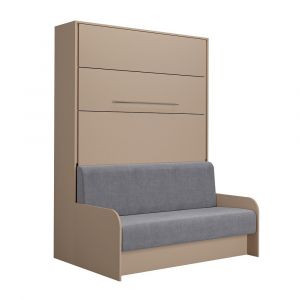 Image de Inside75 Armoire lit escamotable SOFA AUTOMATICA 140 cm taupe canapé microfibre gris - taupe