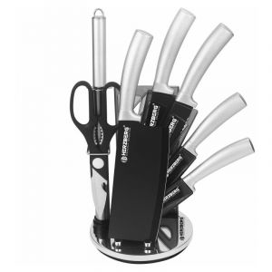 Herzberg Set Couteau Cuisine Professionnel - Couteaux Tranchant en Acier Inoxydable - Support en Acrylique - Poignée ergonomique - Set de couteaux avec support 8 pièces - Argent HGMSN8-SLV