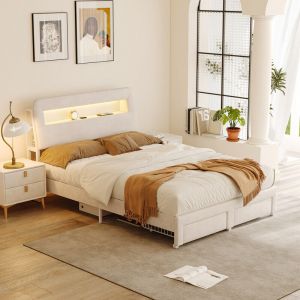 Lit 140x200 cm avec sommier et tiroirs, lit 2 personnes avec rangement, LED et USB, lit 140x200 avec sommier à lattes bois, velours beige