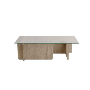 Calicosy Table basse avec plateau en verre L105 cm - Effet Travertin