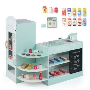 COSTWAY &Eacute;picerie Enfants en Bois avec 15 Accessoires & Distributeur Automatique, Marchande Enfants avec Caisse Enregistreuse R&eacute;aliste & Tableau Noir,