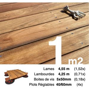 Kit complet terrasse bois exotique JATOBA pour 1 m&sup2;, Lames 4,55 m, lambourdes 2,75 m, plots r&eacute;glables et visserie Inox