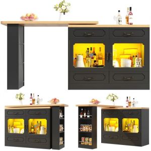 Table de bar extensible 135-203x39x92.8 cm - avec pivotement à 360° et LED - Noir