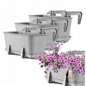 KADAX Jardinière Suspendue Extérieure 40 cm, Balconnière en Plastique Aspect Rotin avec Supports de Fixation Intégrés et Soucoupe (Gris, Lot de 3)