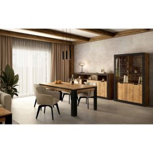 Pack salle à manger meunier – Vitrine, buffet haut & table 8 pers. Chêne Samdal & noir mat