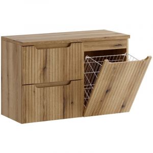 Furnidea - Meuble suspendu sous vasque 90 cm avec panier &agrave; linge et plan NOVA ch&ecirc;ne Coast Evoke