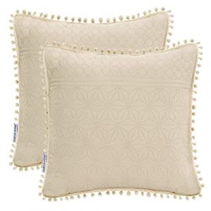 AmeliaHome 2 taies d'oreiller avec Pompons matelass&eacute; ultrasonique des Deux c&ocirc;t&eacute;s 45 x 45 cm Beige