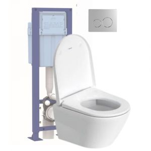 Duravit Pack wc suspendu compact sans bride D-Neo avec abattant frein de chute + bati support siamp + Plaque de commande chromée