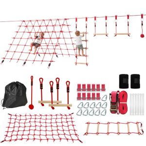 Parcours d'obstacles Ninja pour enfants - AIYAPLAY - 10 M - kit de tyrolienne complet charge 100 kg - PP - rouge