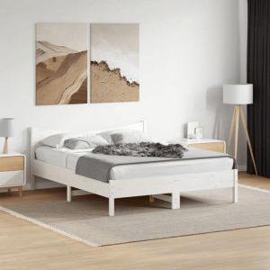 VidaXL Cadre de Lit avec Tête de Lit, Lit Double avec Sommier à Lattes, Lit Adulte de Chambre, Moderne, Blanc 160x200 cm Bois Pin Massif