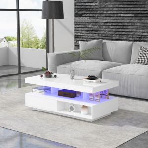 Table basse blanche brillance avec 4 plateaux en verre, 2 tiroirs et 2 compartiments ouverts