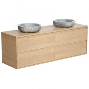 Meuble de salle de bain suspendu avec double vasque à poser en pierre - Placage chêne - 150 cm - MILIPAM
