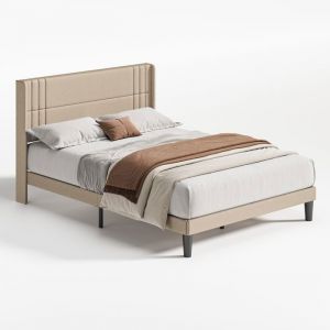 Lit double Bealife 160 x 200 cm avec T&ecirc;te de Lit Rev&ecirc;tement en Lin Structure en Bois et M&eacute;tal avec 20 cm de Rangement Beige