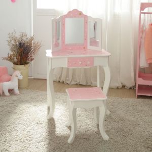 Teamson Coiffeuse enfant bois table maquillage miroir tabouret fille TD-11670Q Rose