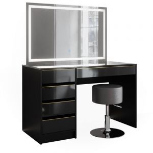 Coiffeuse Sherry, Noir, 120 cm avec miroir led et tabouret Vicco