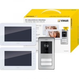 VIMAR K40931 Kit visiophone 2 familles pour Pose en saillie avec: 2 interphone, Platine de Rue à 2 Boutons, 2 alimentations DIN, étriers de Fixation, Contrôle des accès RFID, Écran 7 Pouces