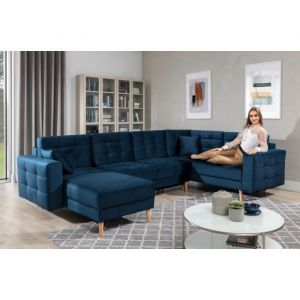 Canapé panoramique convertible - ASMA VELOURS - en tissu de qualité 5 places bleu foncé méridienne à gauche et angle à droite (vu