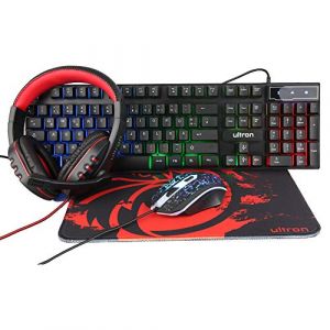 Ultron Hawk Clavier Souris Gaming 4 en 1 PC Pack Combo – Clavier RVB rétroéclairé [QWERTZ DE Layout] et Souris [jusqu'à 6400 DPI], Casque de Jeu & Tapis de Souris – pour PC, Xbox, PS4
