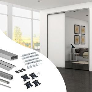 Emuca Kit de quincaillerie pour armoire à 2 portes coulissantes avec fermeture souple Placard 74, Modèle de poignée Sharp, épaisseur 19mm, panneaux non inclus, Anodisé mat