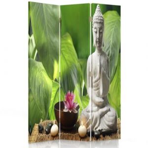Feeby Paravent 3 parties une face Diviseur de pièce déco intérieur, Bouddha blanc Feuillage 110x150 cm