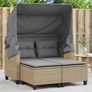 VidaXL Canap&eacute; de jardin 2 places avec auvent et tabourets beige rotin