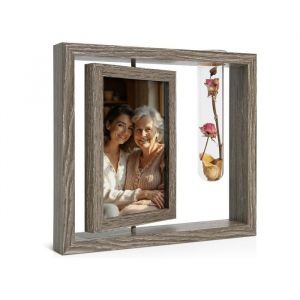 Cadre Photo Bois 10x15 cm Rotatif avec Vase Int&eacute;gr&eacute; - Double Face Verre HD Style Rustique Vintage pour D&eacute;coration Table et Bureau