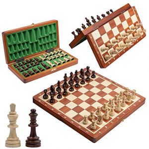 Jeu d'&eacute;checs magn&eacute;tique de tournoi en bois de luxe - Figurines aimant&eacute;es incrust&eacute;es - 28cm