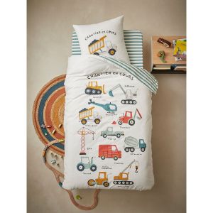 Vertbaudet Parure Housse de Couette + taie d'oreiller Enfant Quel Chantier ! Oeko-Tex écru/Multicolore 140X200 63X63