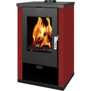 Verso Poêle à bois Theia - 9 kW Panneaux latéraux bordeaux et design contemporain
